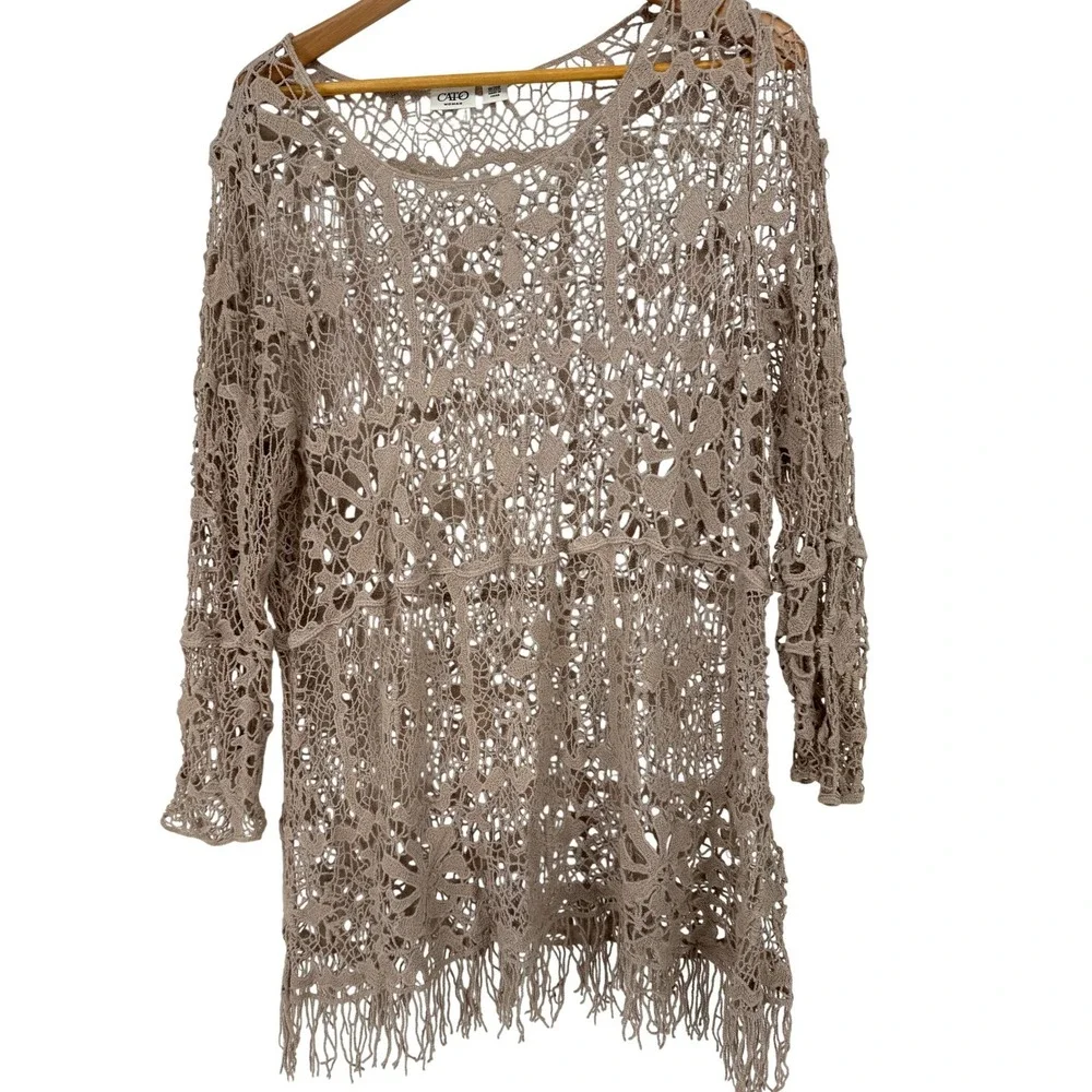 Cato Crochet Knit Shawl Scarf Oatmeal Beige Fringe Coastal Grandmother Boho Chic